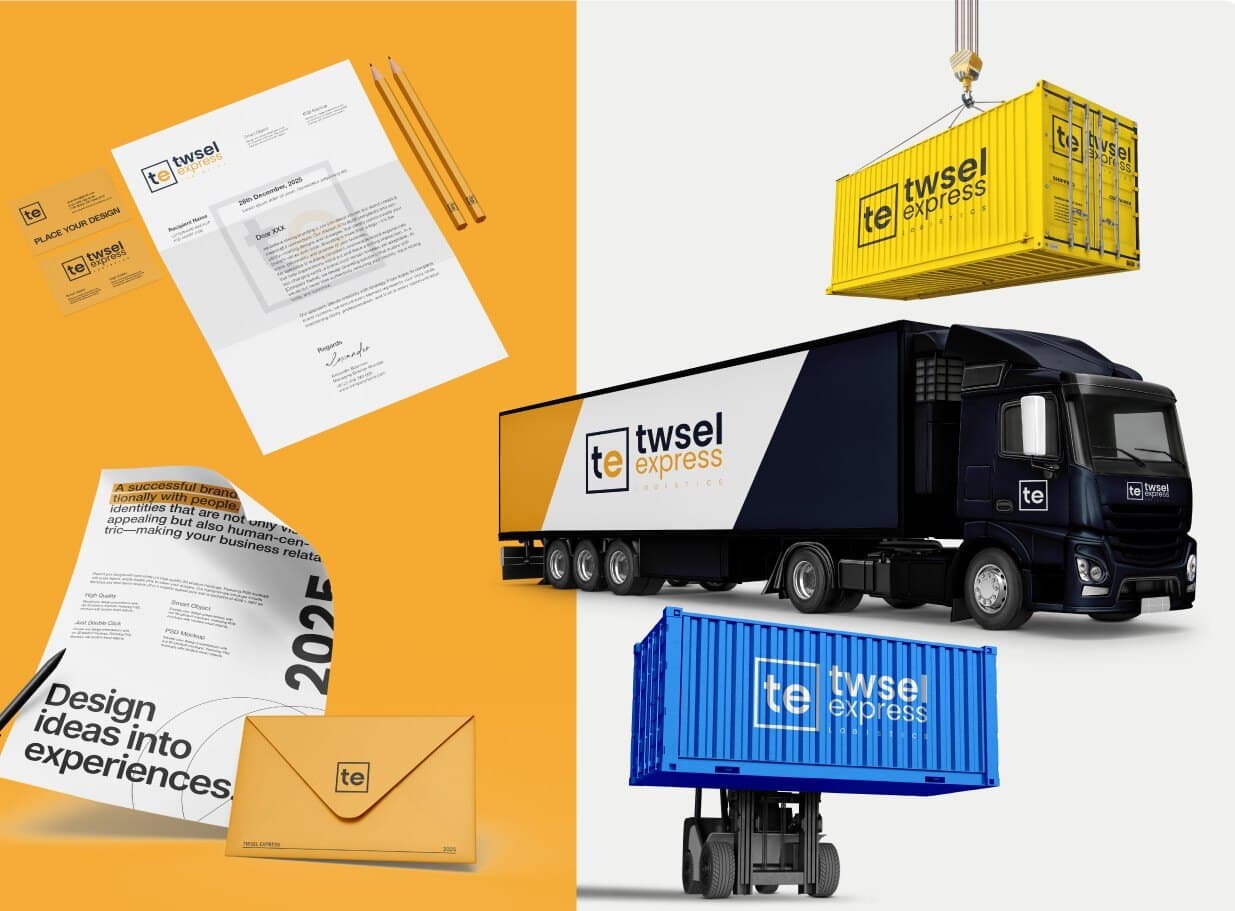 Twsel Express stationery, envelope, truck and containers