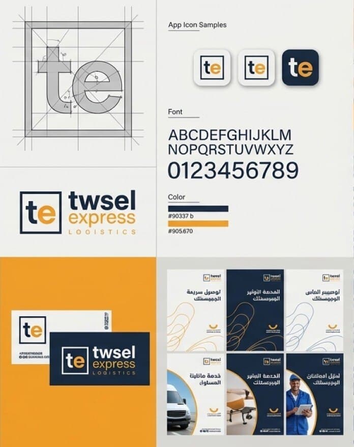 Twsel Express brand sheet: monogram construction, typeface, app icons and stationery