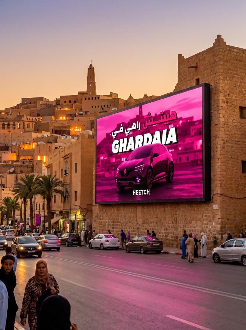 Heetch Ghardaïa launch on a digital billboard in the old town at dusk