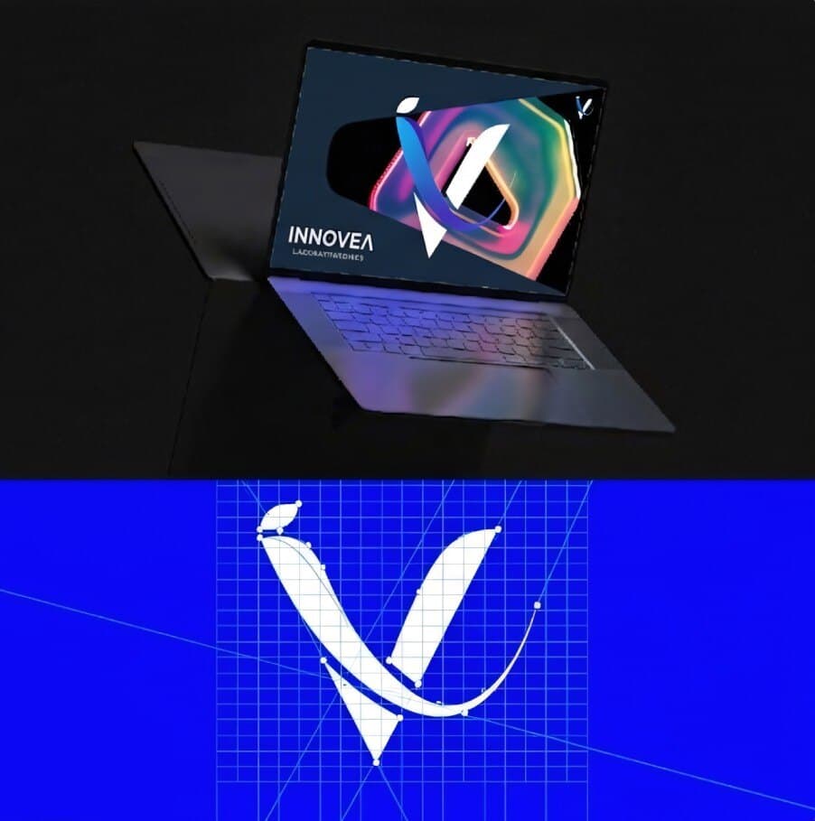 INNOVEA V monogram on a laptop and on an electric-blue grid